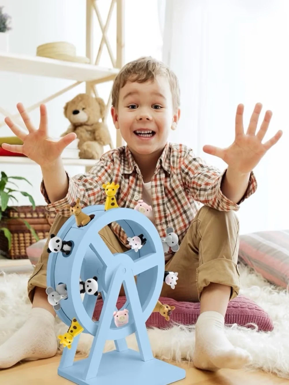 Magnetic Spinning Sky Blue Wooden Ferris Wheel Shelf For Tonie Box & Characters - Picture 5 of 6
